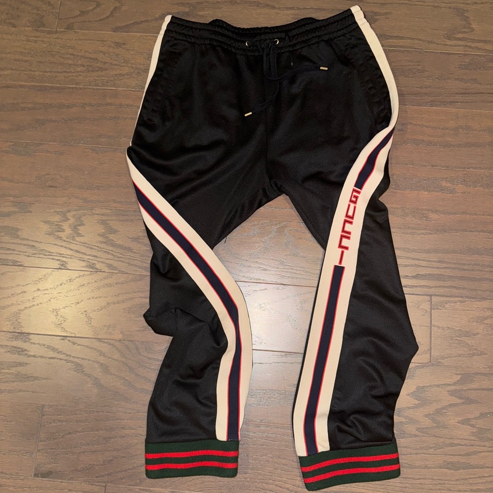 Gucci Black Track Pants with Red and Green Stripes